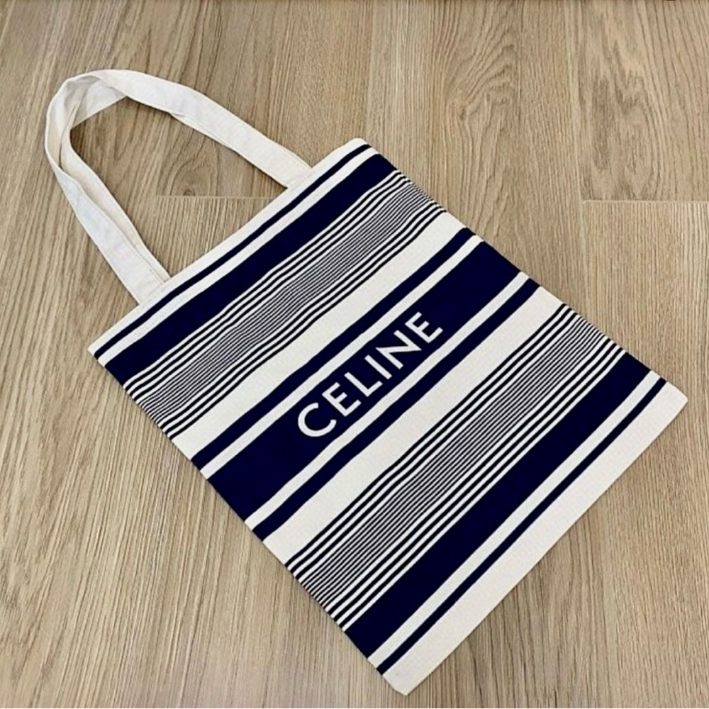 Celine Navy  Blue & Cream Striped Canvas Tote (Small) GWP